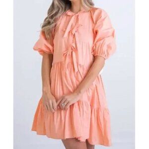 Karlie Bow Poplin Tiered Puff-Sleeve Dress Pockets